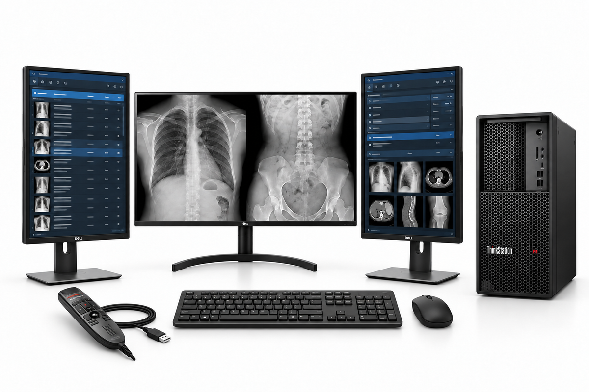 LG 32HL512D-B complete radiology workstation package with one diagnostic display, two Dell 24-inch portrait monitors, Lenovo P3 tower, Philips LFH3500 microphone, keyboard and mouse on white.