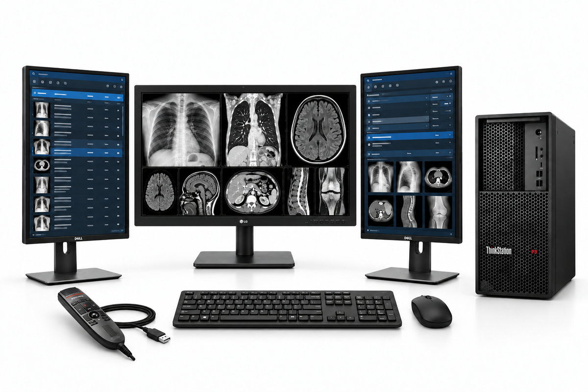 LG 32HQ713D-B complete workstation package with one medical display, two Dell 24-inch portrait monitors, Lenovo P3 tower, Philips LFH3500 microphone, keyboard and mouse on white.