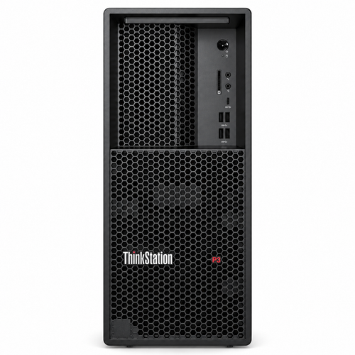 Lenovo ThinkStation P3 Tower Gen 2 radiology workstation, front view showing its black chassis, ventilation grille and USB ports on a white background.
