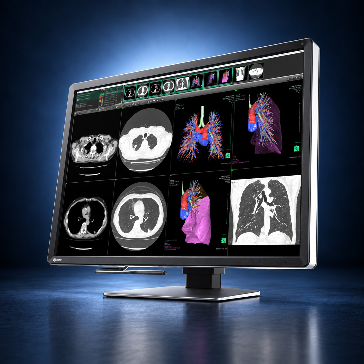 EIZO RadiForce RX1270 monitor, angled front view showing medical images, the bezel, and full stand on a dark blue studio background.
