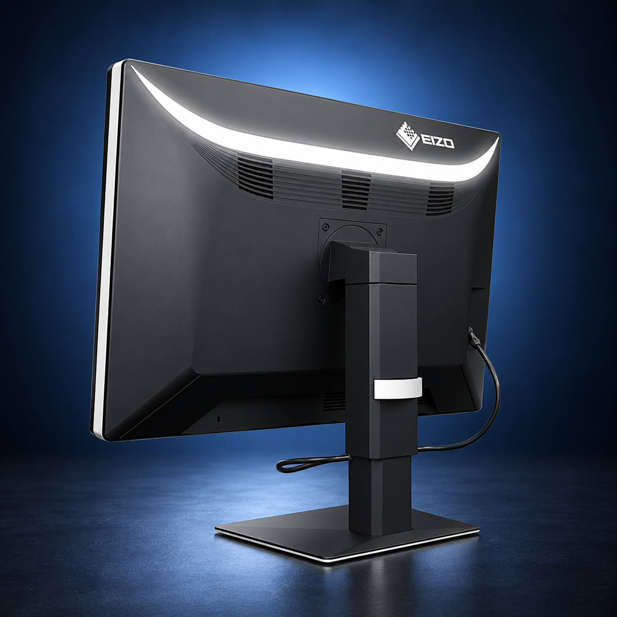 EIZO RadiForce RX1270 monitor, angled rear view showing the black housing and stand on a dark blue studio background.