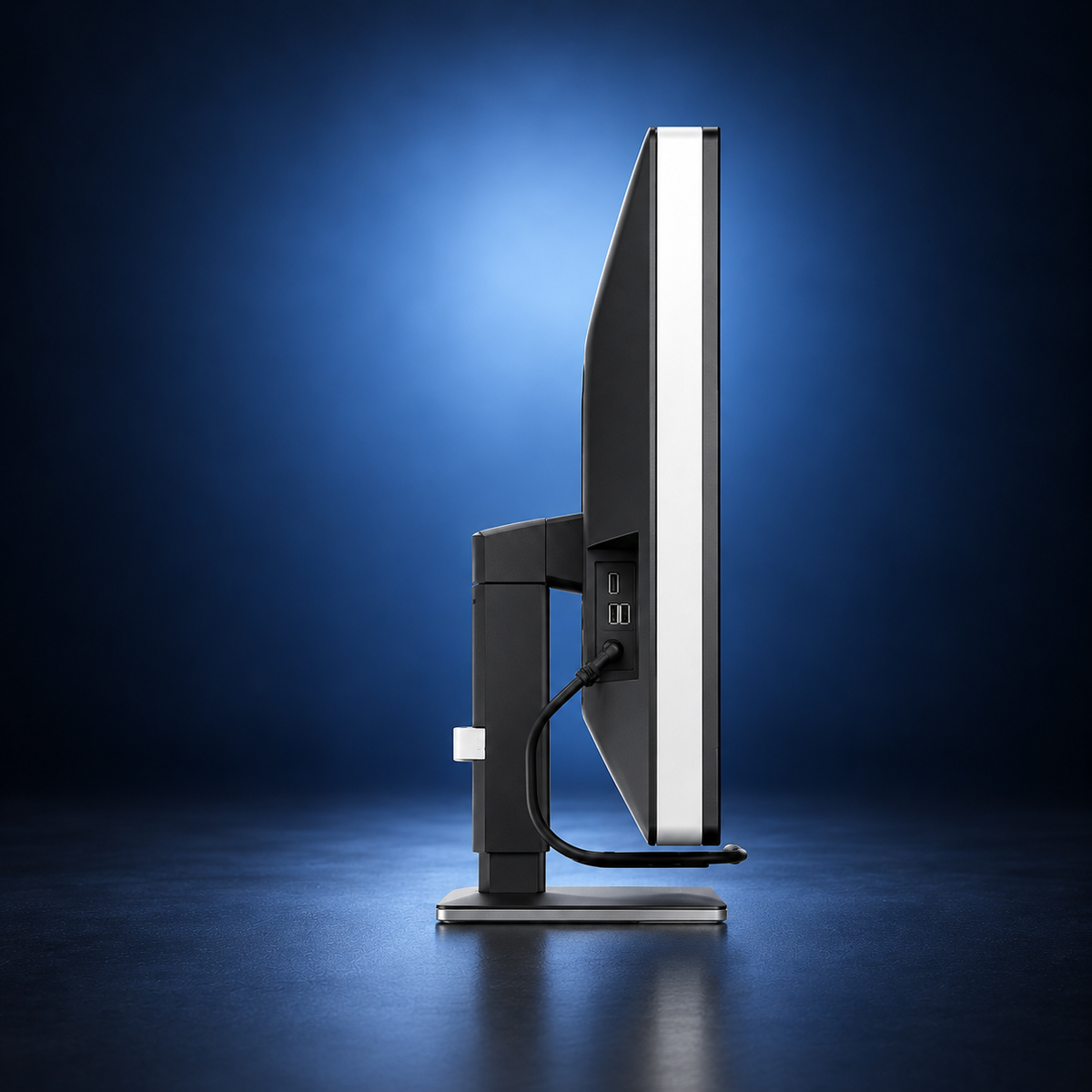 EIZO RadiForce RX1270 monitor, side profile showing the panel depth, stand, and base on a dark blue studio background.