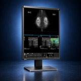 EIZO RadiForce RX570 monitor, angled front view showing medical images, the bezel, and full stand on a dark blue studio background.