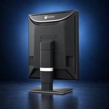 EIZO RadiForce RX570 monitor, angled rear view showing the housing, stand, and base on a dark blue studio background.