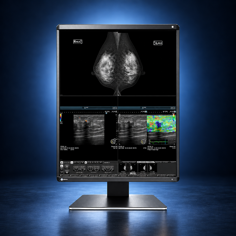 EIZO RadiForce RX570 monitor, front view in portrait orientation displaying medical images on a dark blue studio background.