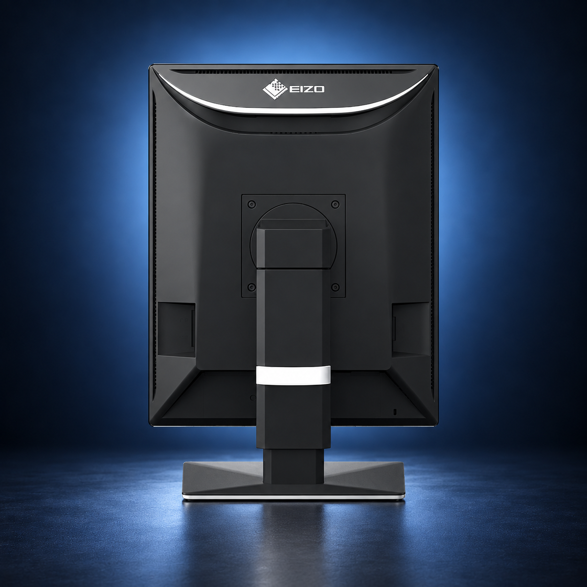 EIZO RadiForce RX570 monitor, rear view showing the black housing and stand on a dark blue studio background.