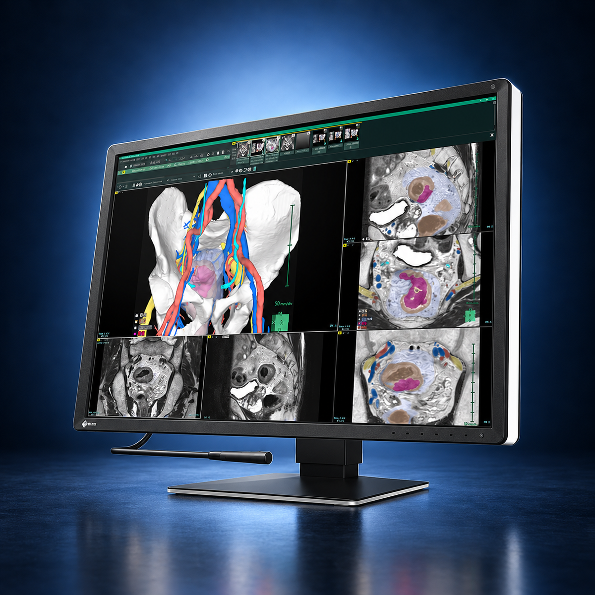 EIZO RadiForce RX670 monitor, angled front view showing medical images, the bezel, and full stand on a dark blue studio background.