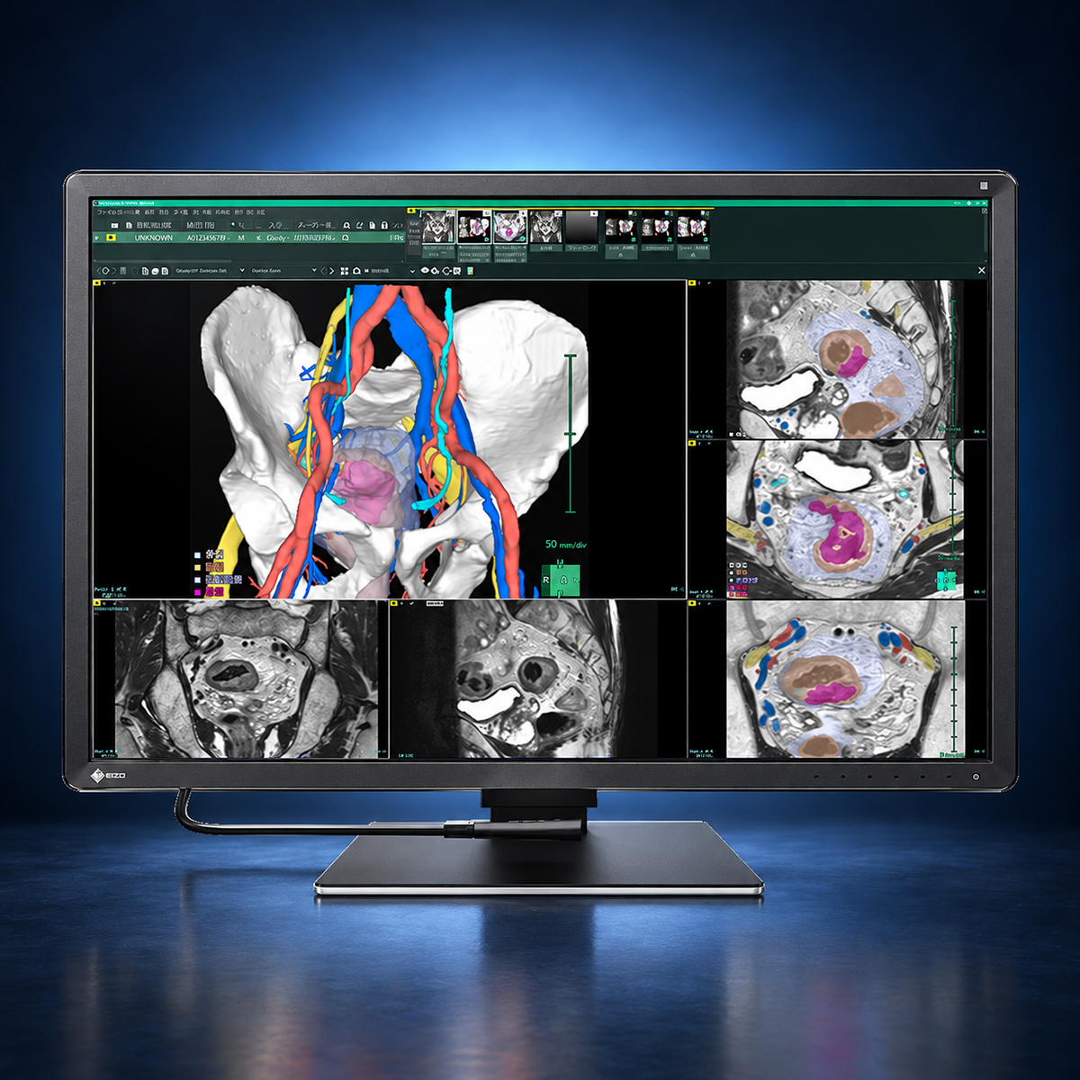 EIZO RadiForce RX670 monitor, front view in landscape orientation displaying medical images on a dark blue studio background.