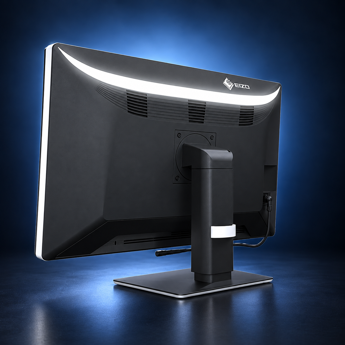 EIZO RadiForce RX670 monitor, angled rear view showing the black housing and stand on a dark blue studio background.