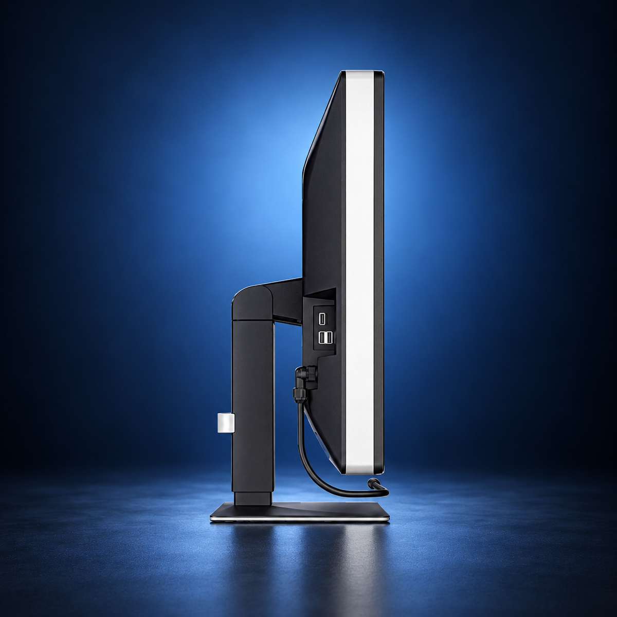 EIZO RadiForce RX670 monitor, side profile showing the panel depth, stand, and base on a dark blue studio background.