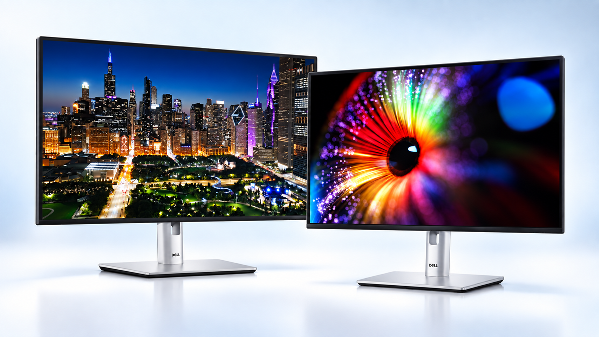 Dell UltraSharp U3225QE and U2724D worklist monitors with silver stands on a pale blue studio background